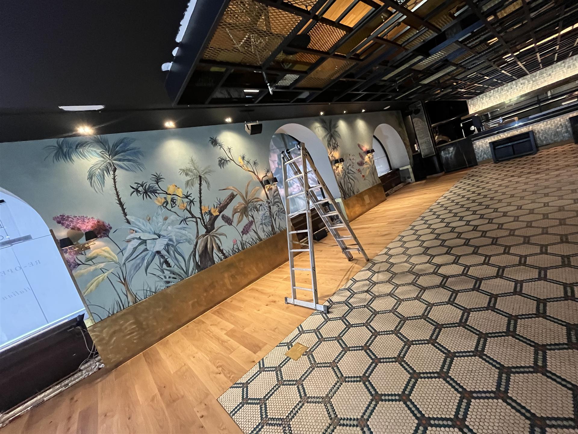 Full wall tropical mural wallpaper in restaurant, London